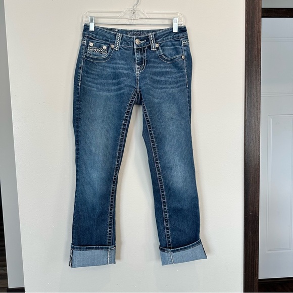 Miss Me Denim Jeans Easy Capri Rolled Adjustable Straight Leg Rhinestones Bling - Picture 6 of 16